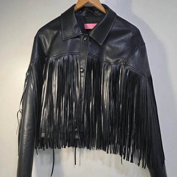 Azalea Wang Black Fringe Leather Jacket - Picture 1 of 8